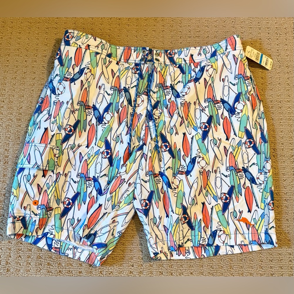 NWT Tommy Bahama White Swim Trunks with Multicolor Surfboard Print, Sz XL